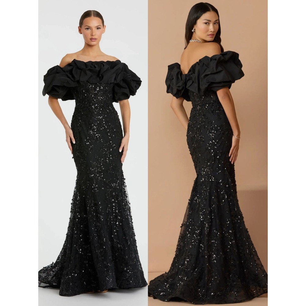 Mac Duggal Black Embellished Mermaid Gown W Off The Shoulder Ruffle $1498 Size 6